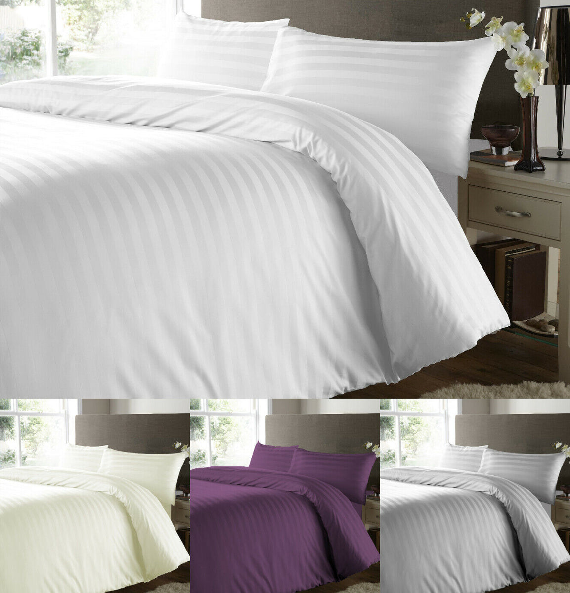 500 Thread Count Satin Stripe Duvet Cover with Pillowcases 100 Egypti