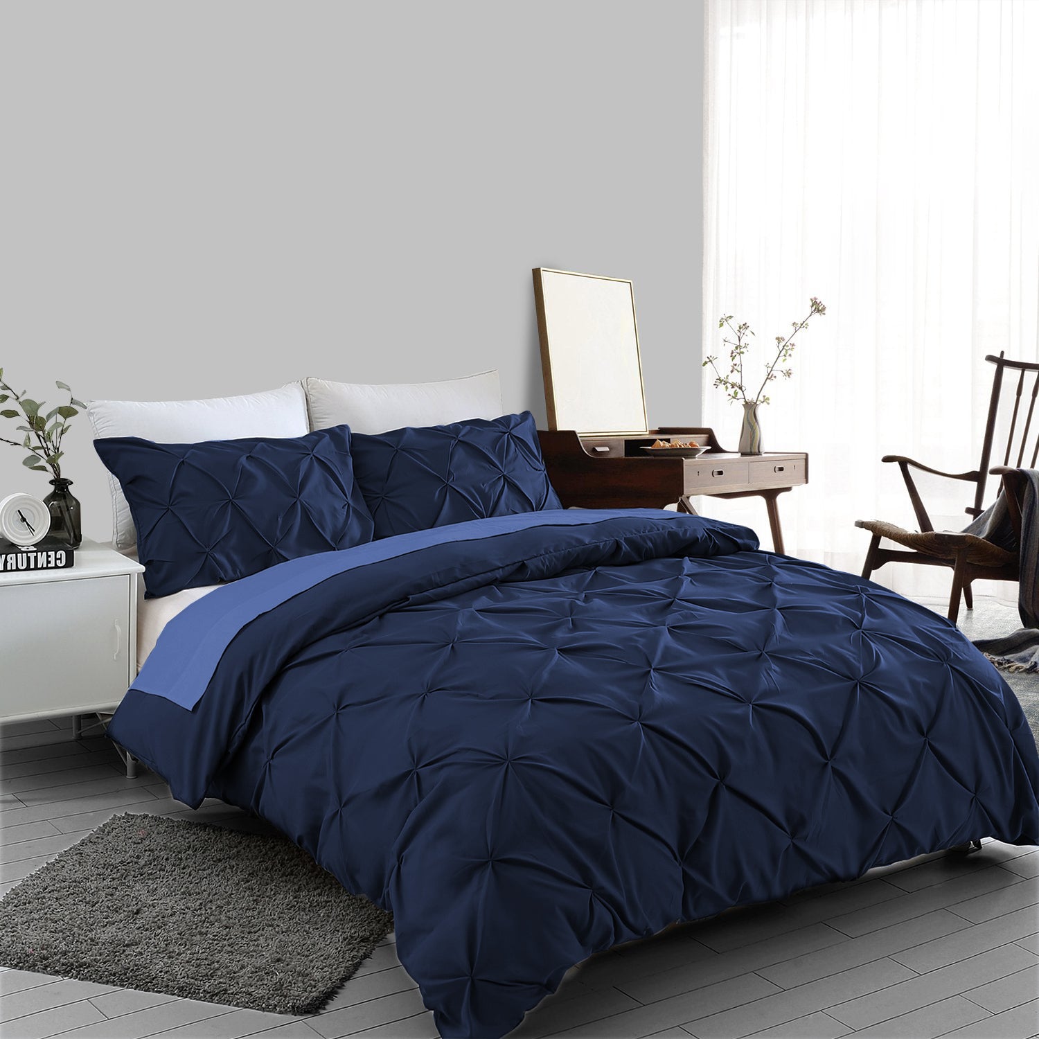 Navy Pin tuck Duvet Cover 100% Cotton Bedding Sets Single Double King Super King Sizes - Threadnine