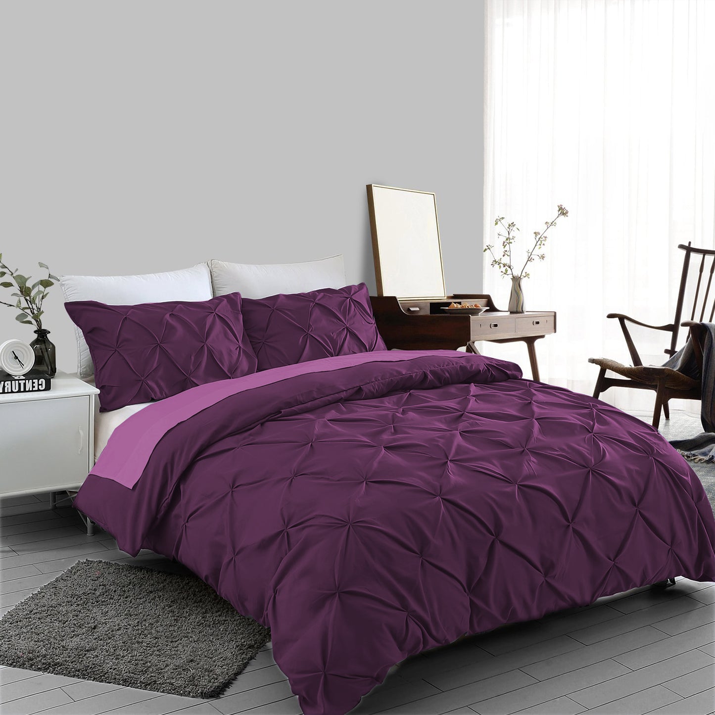Plum Pin tuck Duvet Cover 100% Cotton Bedding Sets Single Double King Super King Sizes - Threadnine