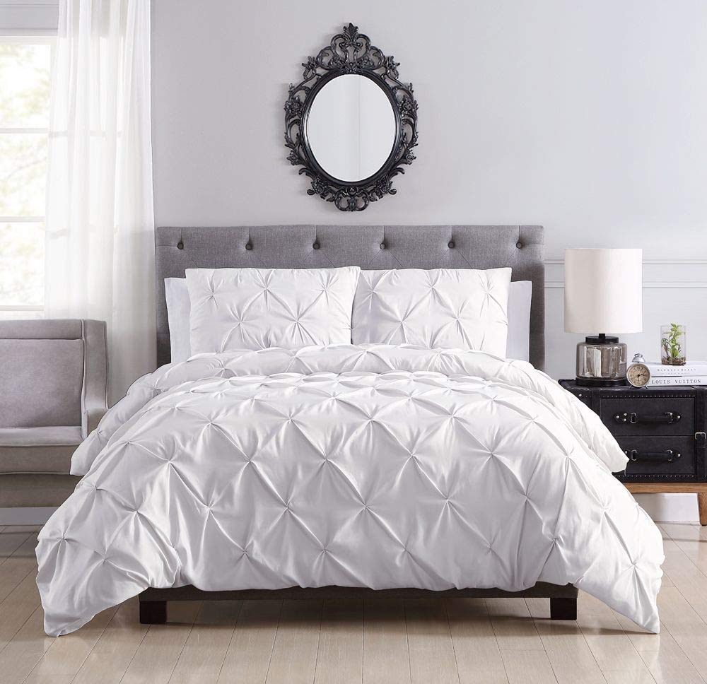 White Pin tuck Duvet Cover Set 100% Cotton Quilt Bedding Bed Sets Single Double King Super King Size - Threadnine