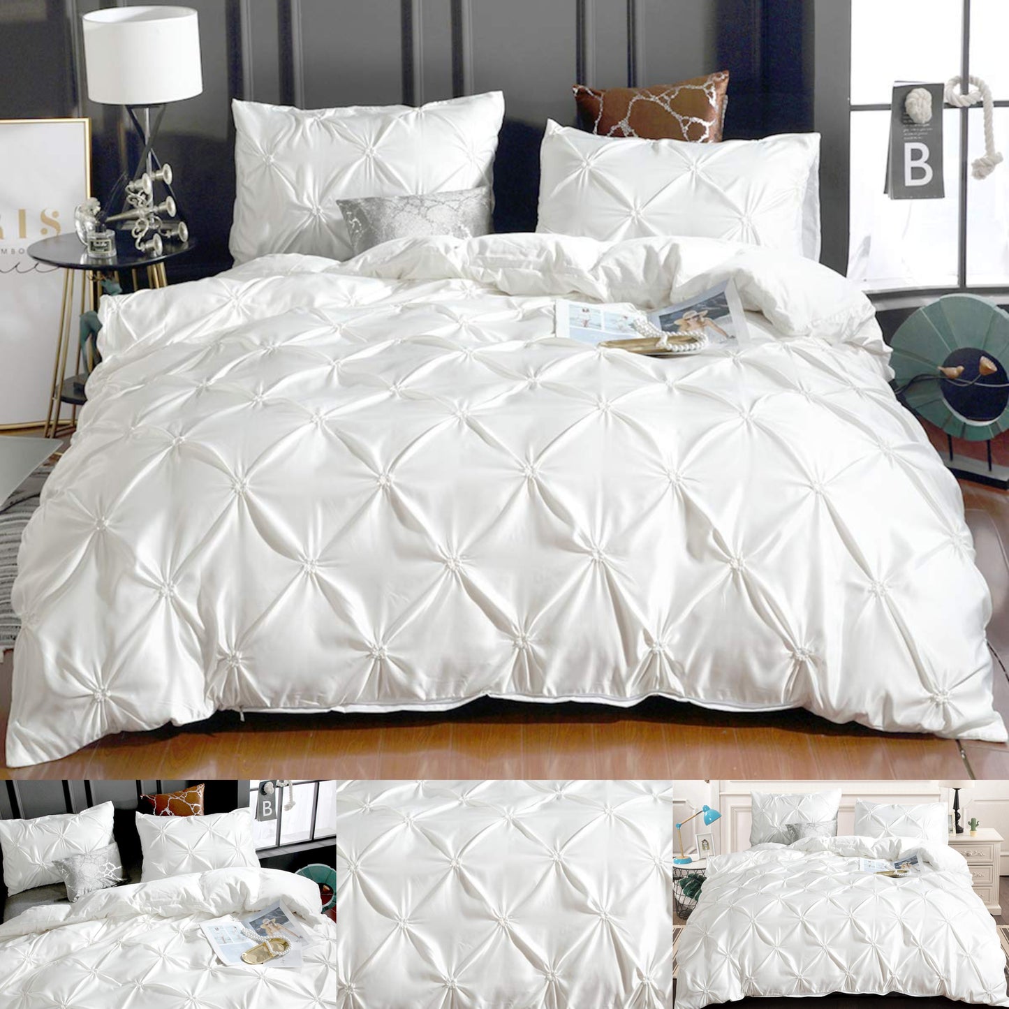 White Pin tuck Duvet Cover Set 100% Cotton Quilt Bedding Bed Sets Single Double King Super King Size - Threadnine