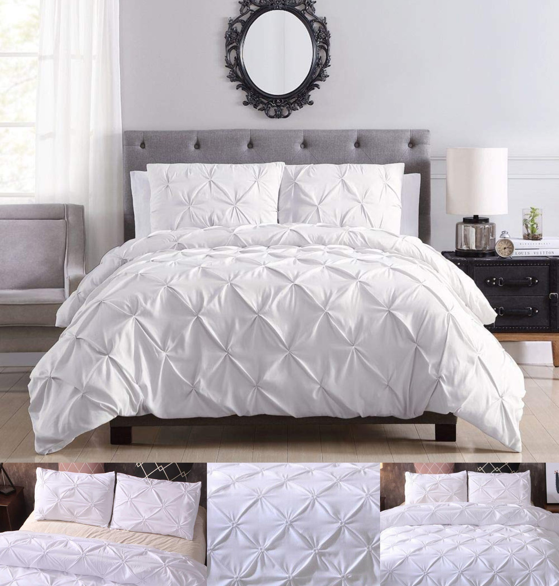 White Pin tuck Duvet Cover Set 100% Cotton Quilt Bedding Bed Sets Single Double King Super King Size - Threadnine