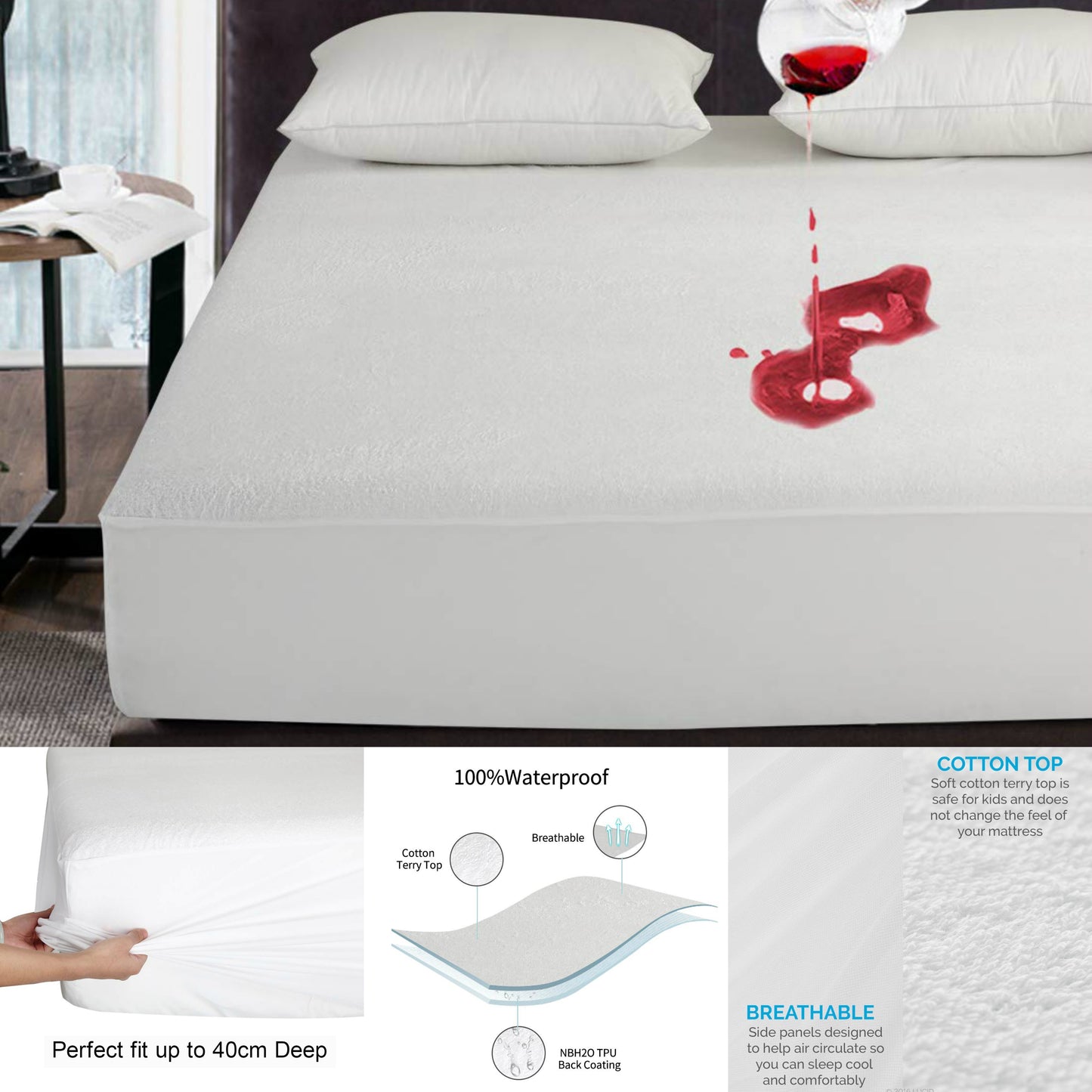 Extra Deep Waterproof Quilted Mattress Protector 100% Cotton Single Double King Super King Size - Threadnine