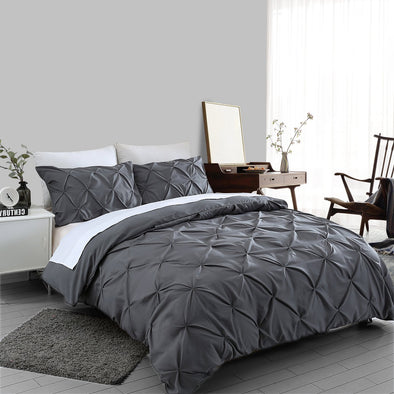 Charcoal Grey Pin tuck Duvet Cover 100% Cotton Bedding Sets Single Double King Super King Sizes - Threadnine