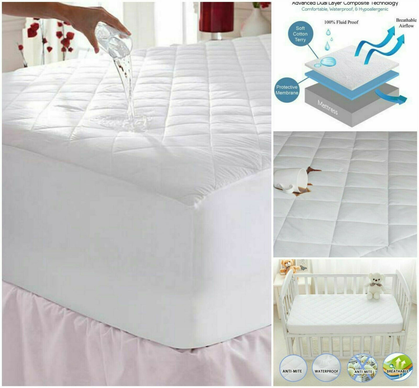 Extra Deep Waterproof Quilted Mattress Protector 100% Cotton Single Double King Super King Size - Threadnine