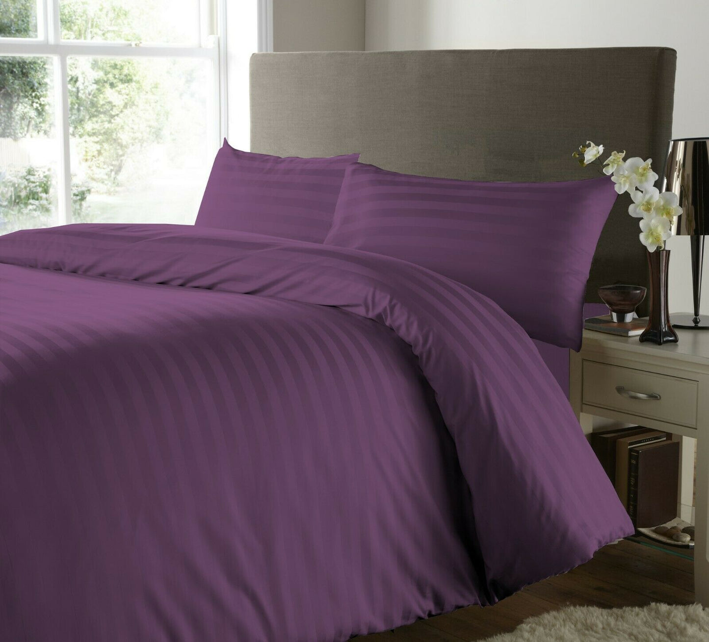 500 Thread Count Satin Stripe Duvet Cover with Pillowcases 100% Egyptian Cotton Bedding Set - Threadnine
