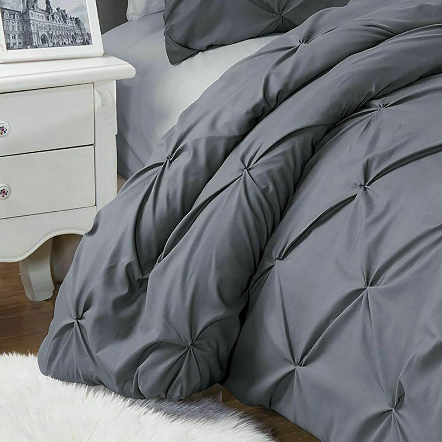 Charcoal Grey Pin tuck Duvet Cover 100% Cotton Bedding Sets Single Double King Super King Sizes - Threadnine