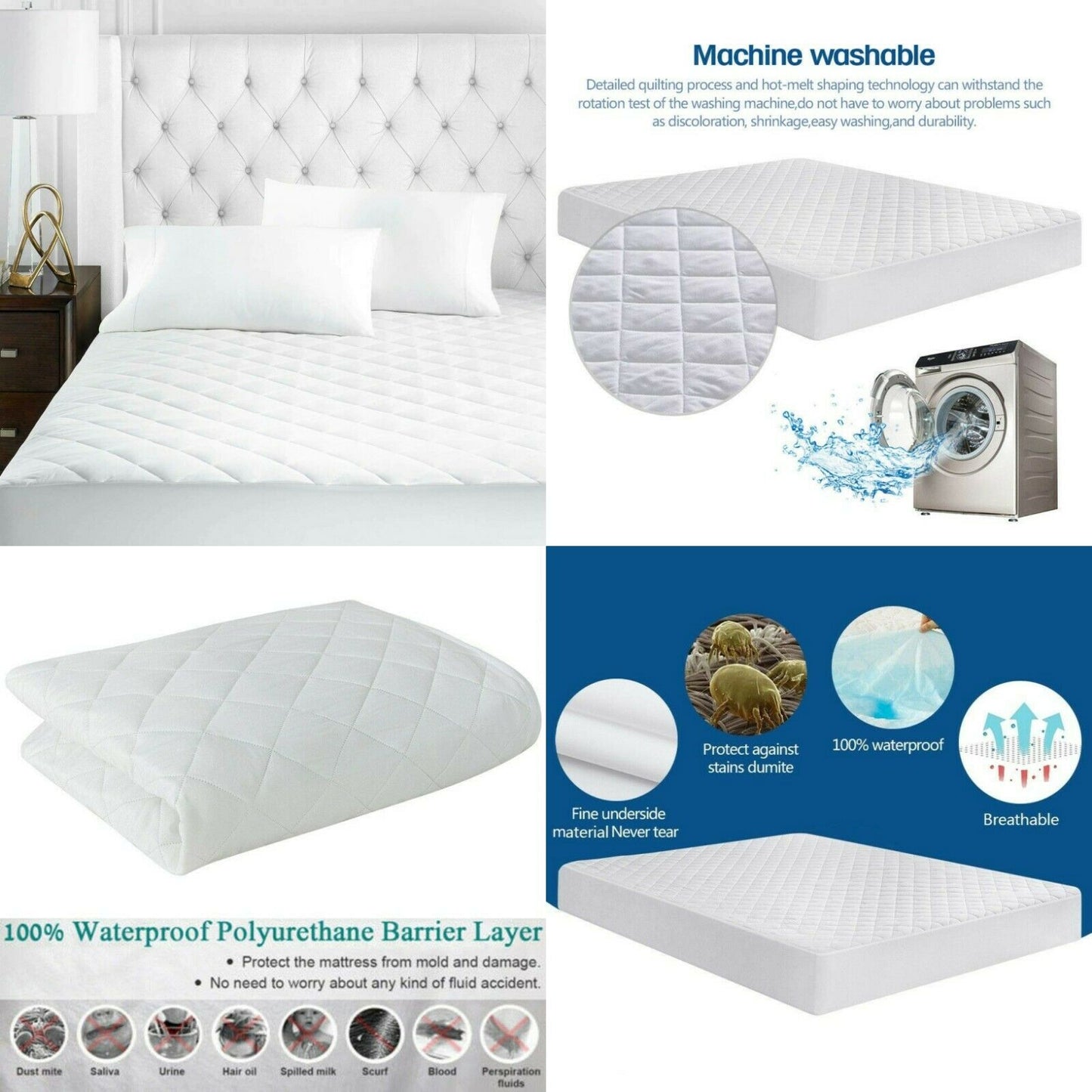 Extra Deep Waterproof Quilted Mattress Protector 100% Cotton Single Double King Super King Size - Threadnine