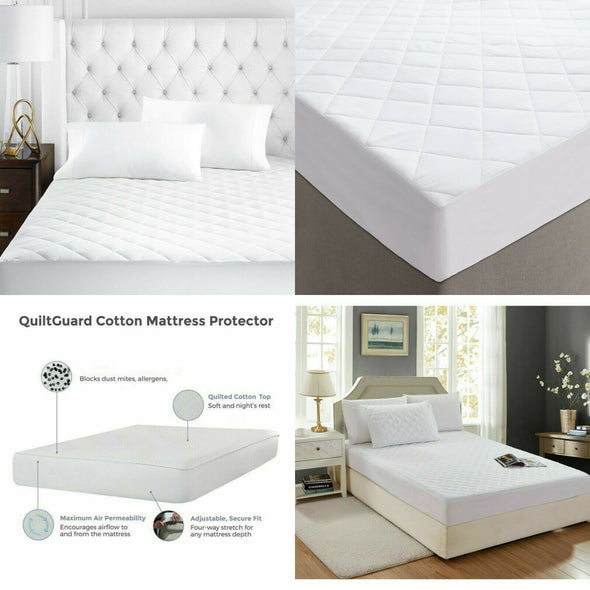 40cm Extra Deep Quilted Mattress Protector 100% Cotton Bedding Cover Single Small Double King Super King Size - Threadnine